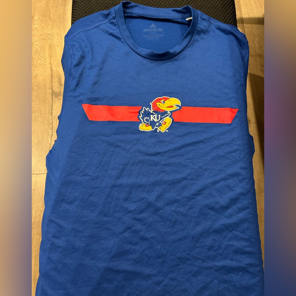 Adidas Creator Tee; KU Jayhawk blue; feels like dry fit. Size L.